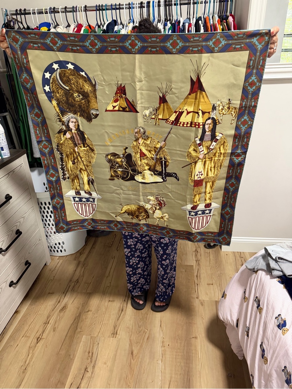 Ralph Lauren Native Motif Decorative Throw in Tan, Brown, Red, Blue silk scarf